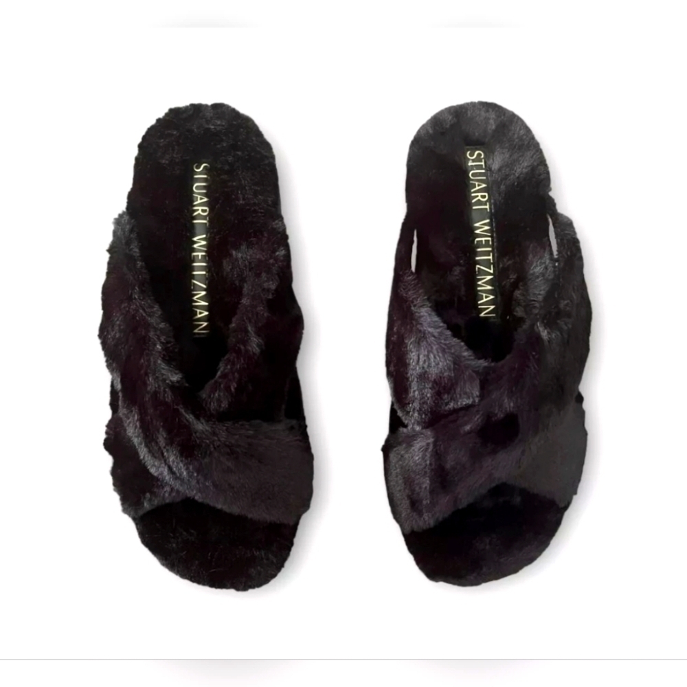 STUART WEITZMAN Roza Faux Fur Wedge Slides In Black Size 11.5 B